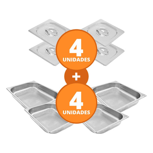 Kit - 4 Cuba Inox Gn 1/2 Fria 325x265x60 + 4 Tampas - Venâncio