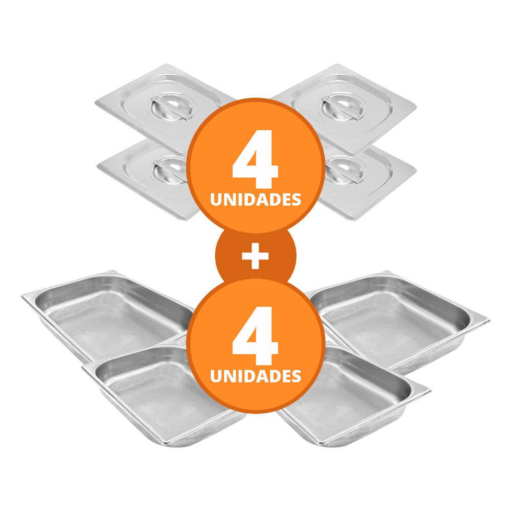 Kit - 4 Cuba Inox Gn 1/2 Fria 325x265x60 + 4 Tampas - Venâncio