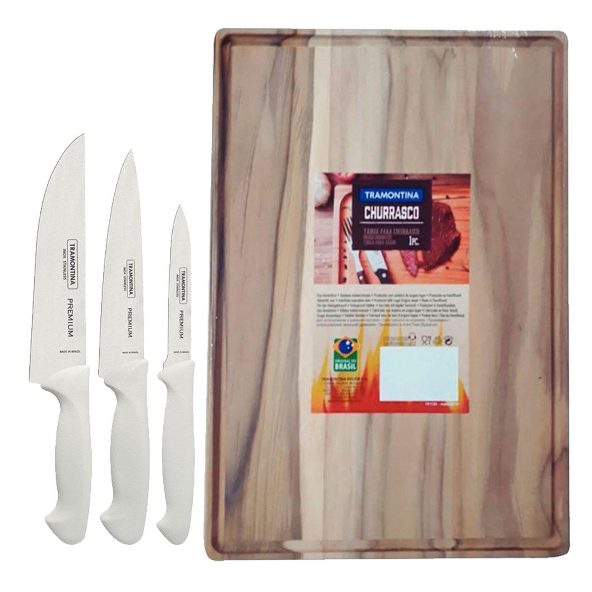 Kit - Faqueiro Premium 3 Peças + 1 Tábua Para Churrasco 40x28 - Tramontina