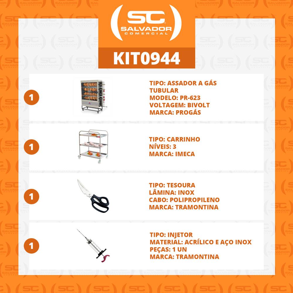 Assador de Frango Gás 4 Espetos Tubular Pr-623 + Tesoura + Carrinho Inox + Injetor de Temperos