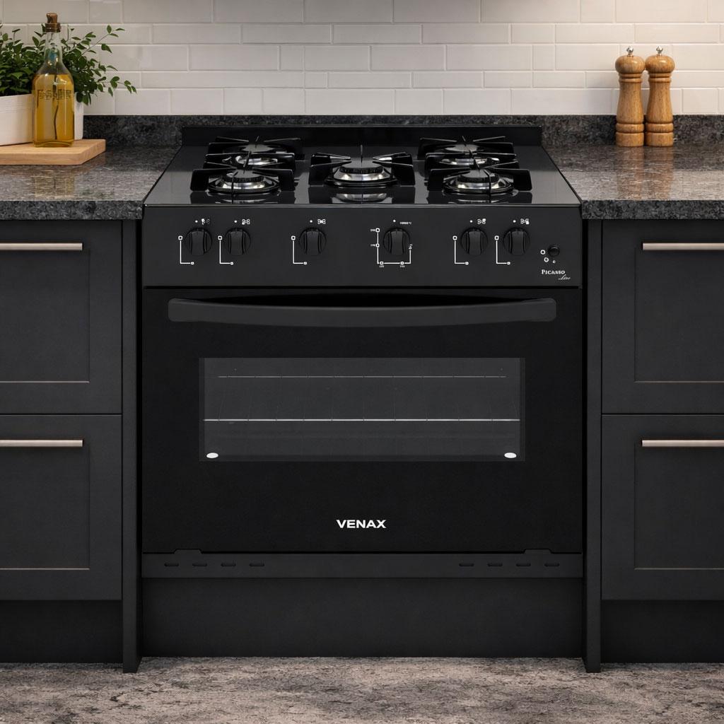 Fogão de Embutir 5 Bocas Picasso Line Preto Fosco Gás GLP Com Forno PCEL560 - Venax 30260