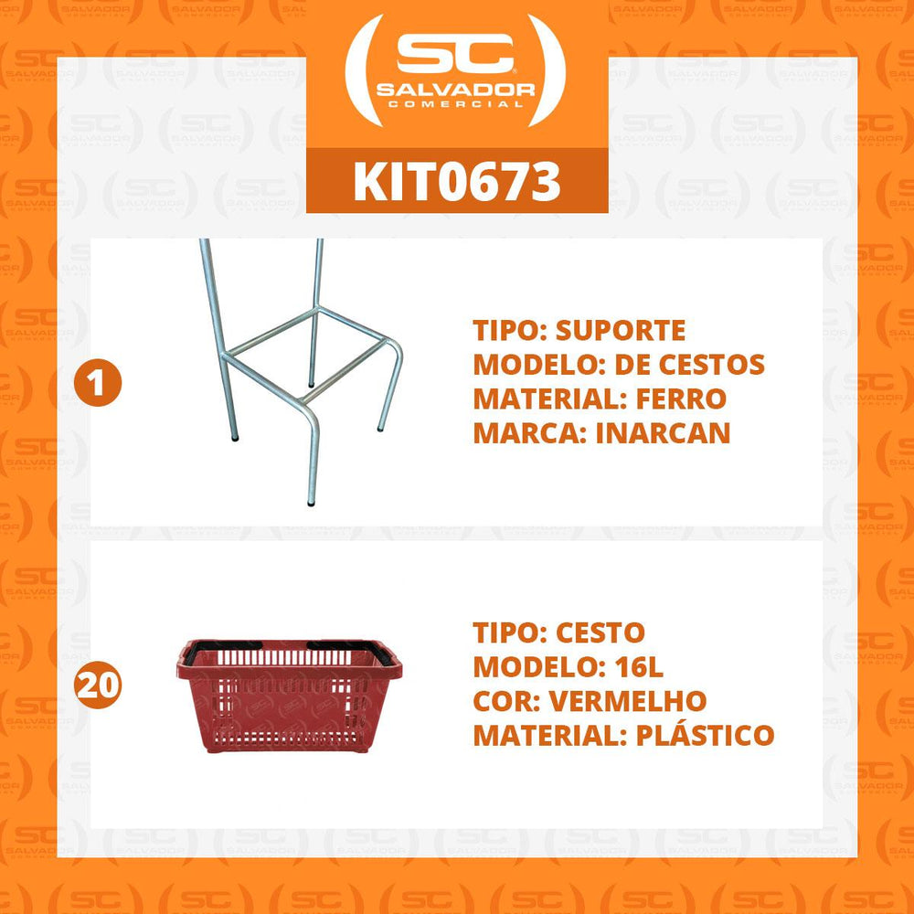 Kit Suporte Para Cestos De Compras Simples + 20 Cestos D100 Vermelho