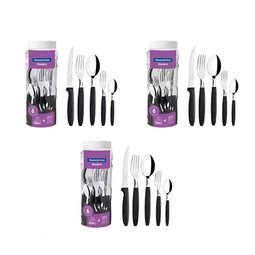 Kit 3 Faqueiros Inox 30 Peças Ipanema Preto - Tramontina