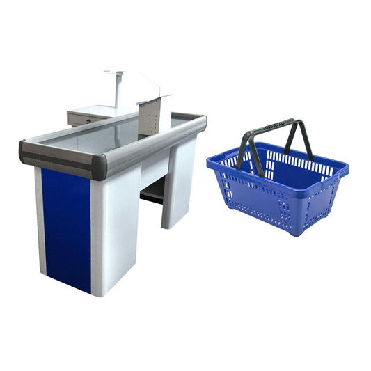 Kit - Caixa Supermercado Empacotador Check-out 1,5m Recorte + 20 Cestos de Compras Azul