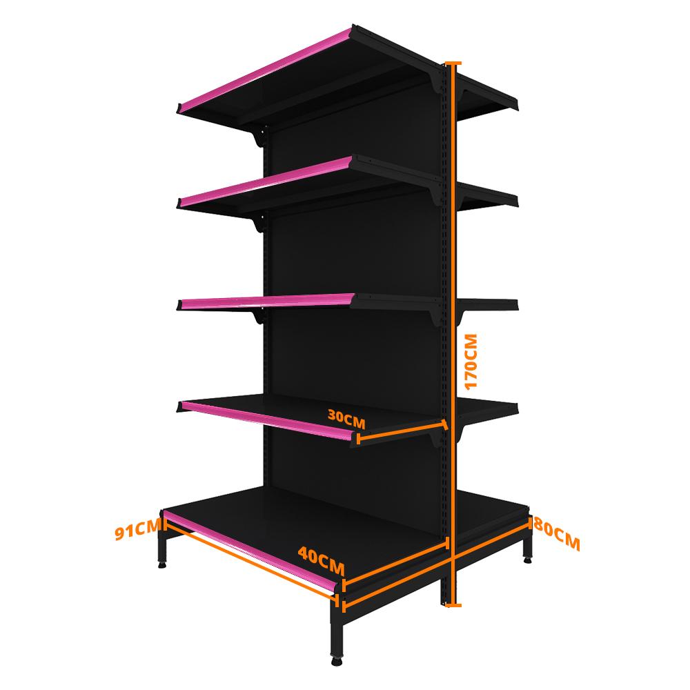 Gôndola Prateleira Preta New Plus 1,70 Central Inicial GCI - Sa Gôndolas Porta Etiquetas Rosa