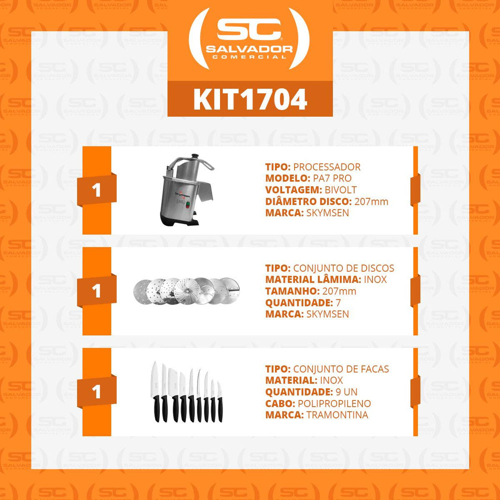 Processador de Alimentos Com 7 Discos 203mm 250 Kg/h PA7 PRO Bivolt Skymsen e Jogo de Facas 9 Peças