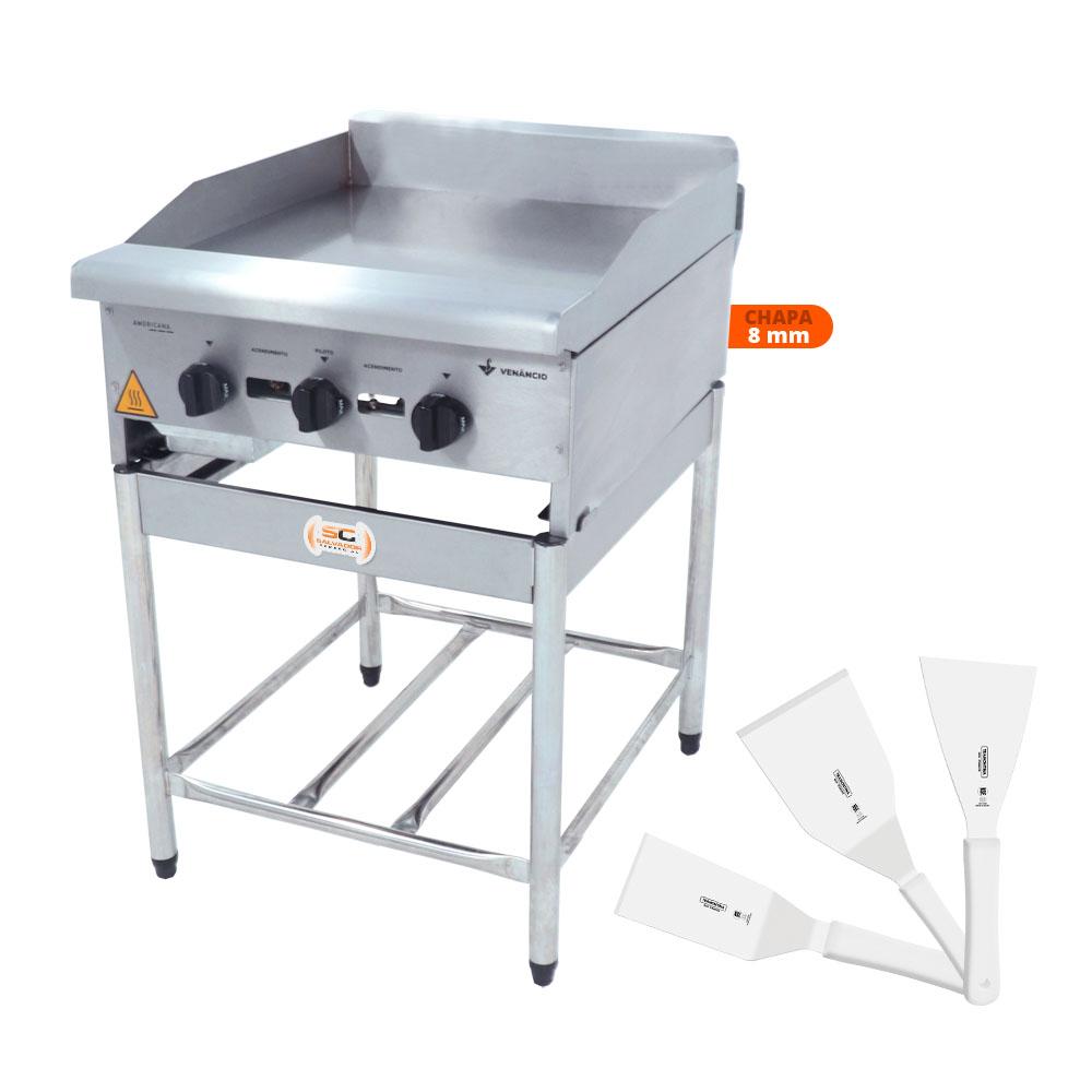 Chapa Americana Profissional 60cm a Gás 8mm Lisa Inox Com Pé CGP60 e Conjunto de Espátulas - Venâncio