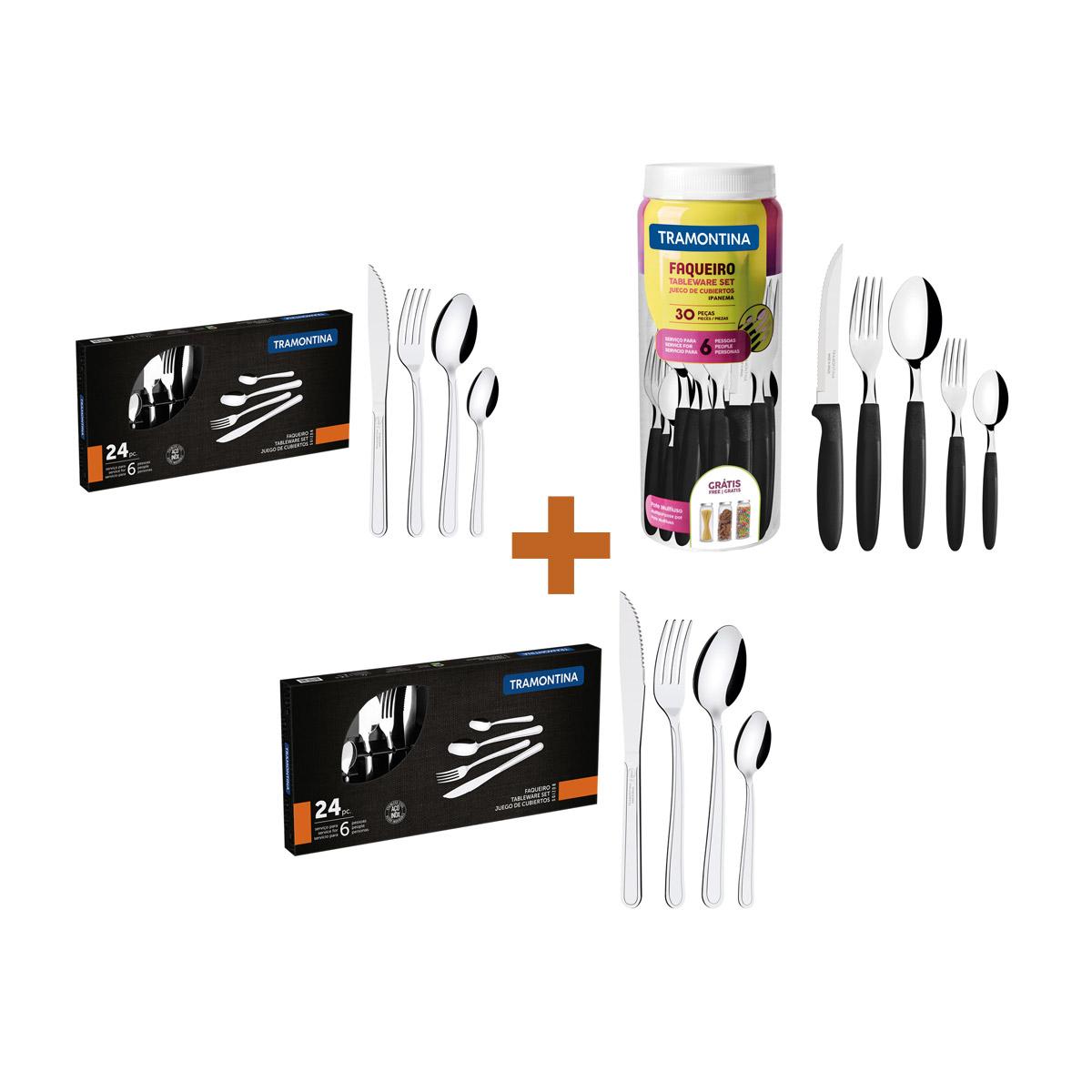 Kit - 1 Faqueiro Inox 30 Peças Ipanema Preto + 2 Faqueiros Inox 24pç - Tramontina