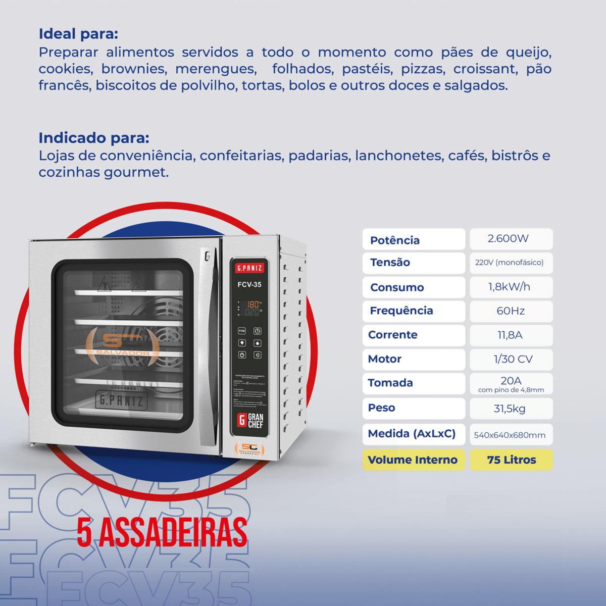 Forno Turbo Convector Vapor 5 Esteiras 75 Litros FCV35 - Gpaniz 220V