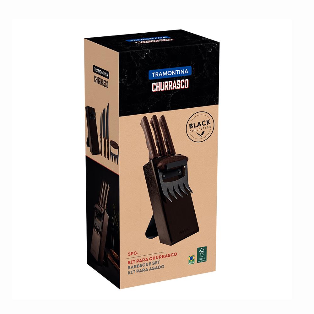 Kit Para Churrasco Black Lâminas Aço Inox Escurecido Cabos de Madeira 05 Peças - Tramontina 22999045