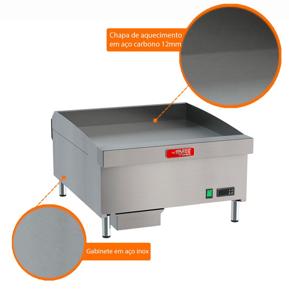 Chapa de Fritura Elétrica Trifásica Estrutura Inox Chapa 61cm 12mm CHEXP610E-12 380t - Red Chameleon