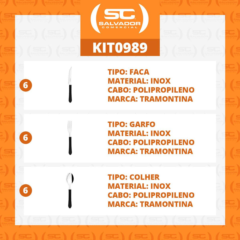 KIT - Jogo de Facas, Garfos e Colheres Leme 18 Peças em Aço Inox Cabo Preto PBAG - Tramontina