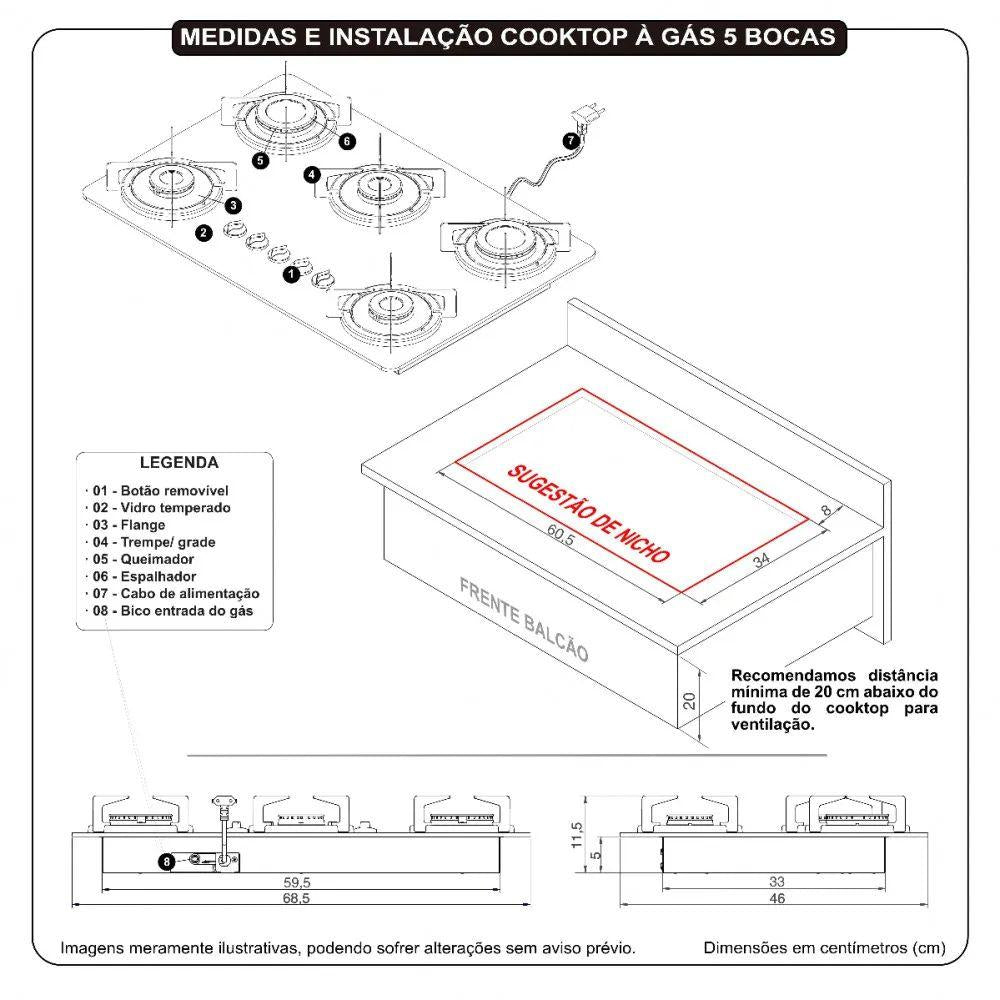 Fogão Cooktop Vidro Gás 5 Bocas Simples Safe Ferro Flange Inox SAFE5 Bivolt - Nardelli 27011401-00