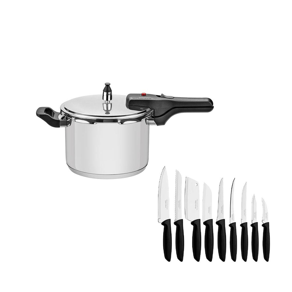Kit Panela de Pressão Inox 4,5l Brava + Jogo de Facas Plenus 9 Pçs - Tramontina
