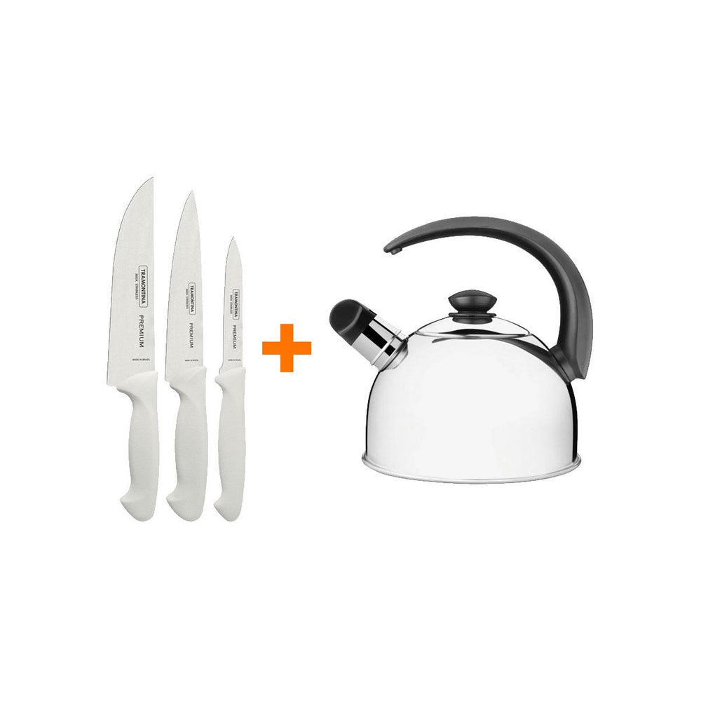 Kit Faqueiro Premium 3 Peças + 1 Chaleira Em Aço Inox 2,1Lts Com Apito - Tramontina