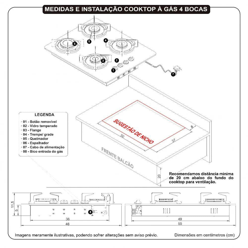 Fogão Cooktop Vidro Gás 4 Bocas Simples Safe Ferro Flange Inox Safe4 Bivolt - Nardelli 27011301-00