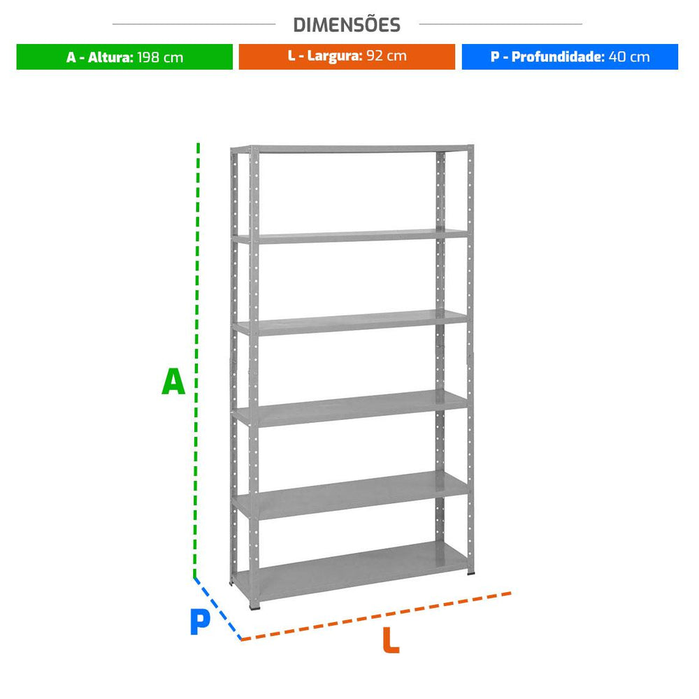 Estante Pesada 6 Bandejas 40cm Com Reforço 198x92x40 #22 Cinza - Sa Gôndolas