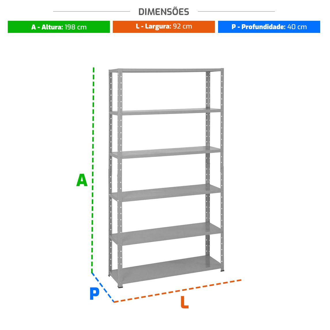 Estante Pesada 6 Bandejas 40cm Com Reforço 198x92x40 #22 Cinza - Sa Gôndolas