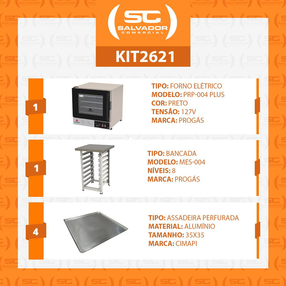 Kit Forno Turbo Elétrico PRP-004 Plus 127V Preto + Bancada MES-004 Progás + 4 Assadeiras Cimapi