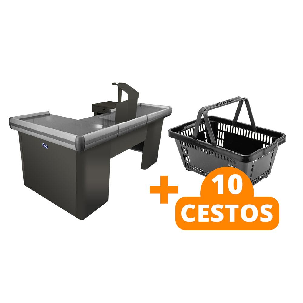 Kit Caixa De Supermercado Empacotador Check-Out 2,00m Recorte + 10 Cestos De Compras Preto