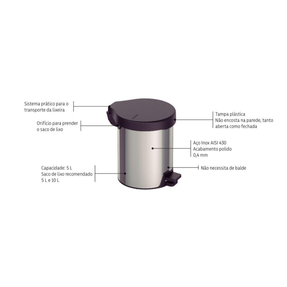 Lixeira Com Pedal em Aço Inox Com Acabamento Polido New 5 Litros - Tramontina 94538705