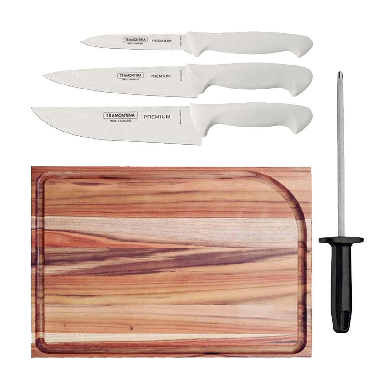Kit - Faqueiro Premium 3 Peças + Tábua Para Churrasco 49x35 + Chaira 8 Pol - Tramontina