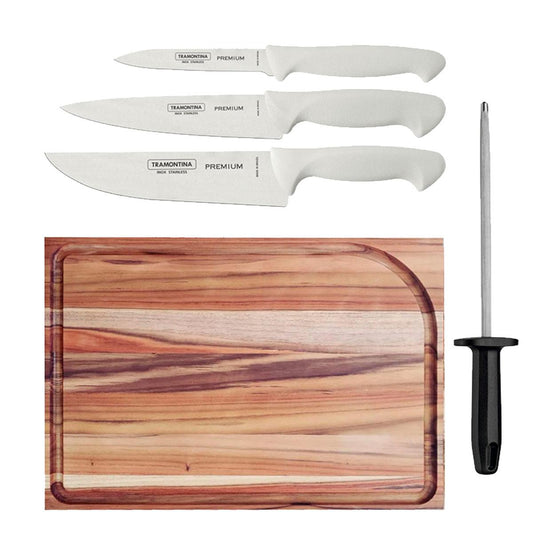 Kit - Faqueiro Premium 3 Peças + Tábua Para Churrasco 49x35 + Chaira 8 Pol - Tramontina