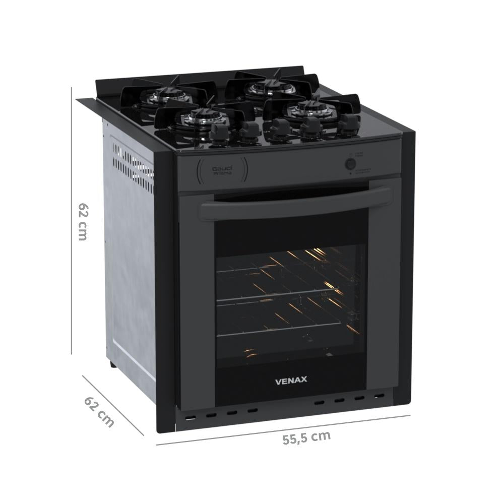 Fogão de Embutir 4 Bocas Gaudi Prisma Vitreo BL Grafite Gás GLP Com Forno GDPMV450 - Venax 18616