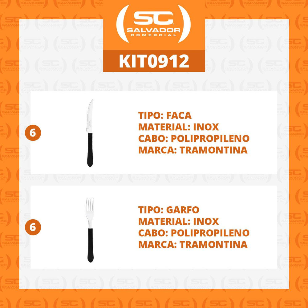Kit Jogo de Facas e Garfo Leme 12 Peças em Aço Inox Cabo Preto PBAG - Tramontina