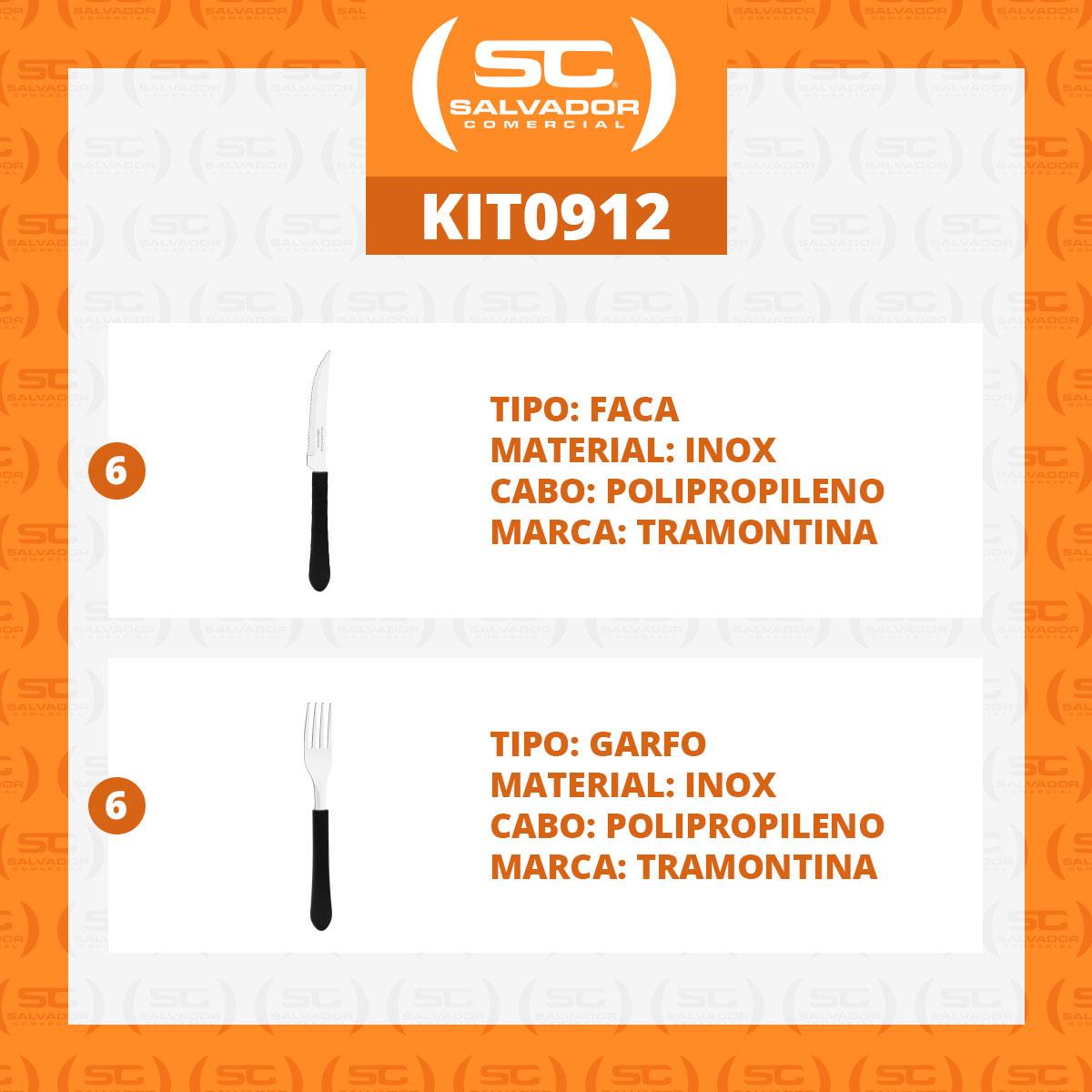 KIT - Jogo de Facas e Garfo Leme 12 Peças em Aço Inox Cabo Preto PBAG - Tramontina