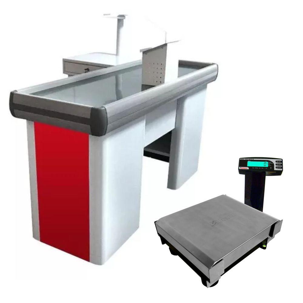 Kit Caixa Supermercado Empacotador Vermelho 1,50m Check-Out + Balança Bivolt 30kg Urano