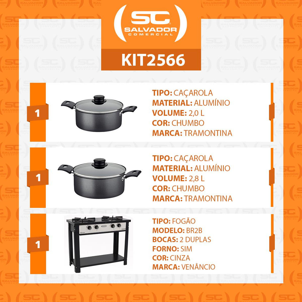 Kit Fogão Industrial 2 Bocas Bravo Cinza Venâncio + 2 Caçarolas Tramontina Turim