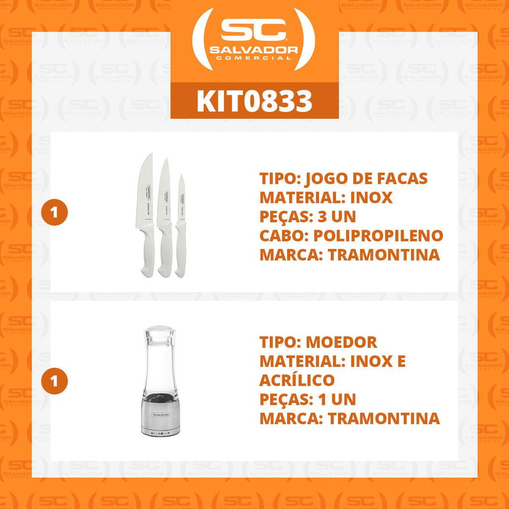 Kit Faqueiro Premium 3 Peças + 1 Moedor de Sal Ou Pimenta Em Acrílico e Inox - Tramontina