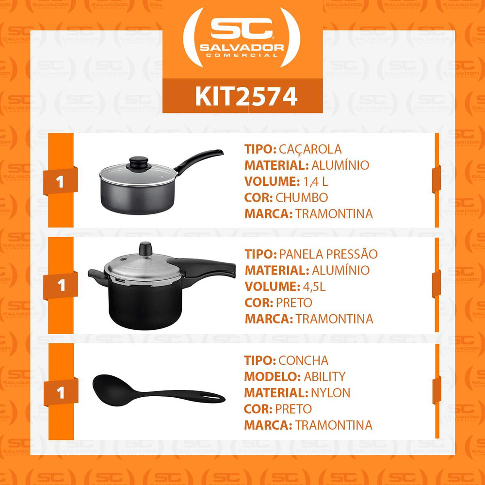 Panela de Pressão Effect 4,5L e Panela Turim Alumínio Antiaderente 1,4L PTC + Concha - Tramontina