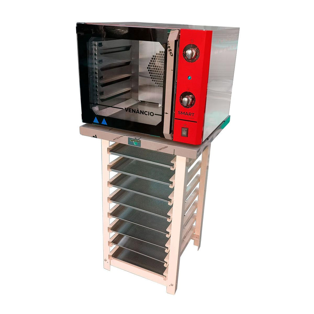 Kit Forno Turbo Convector Smart Basic Inox e Vermelho FCSB4E 220V + Bancada MES-004 + 8 Assadeiras - Venâncio