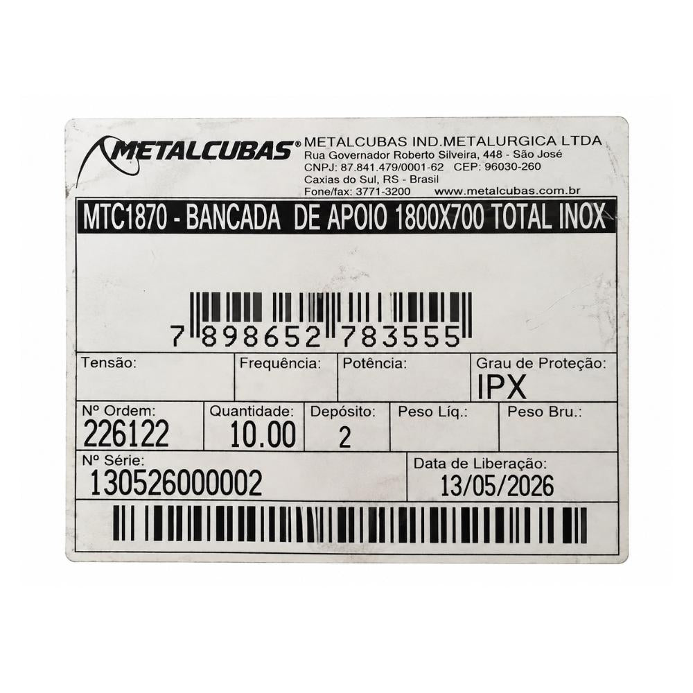 SEMINOVO - BANCADA DE APOIO TOTAL INOX  180 X 70 CM BA 1800/700 I - METALCUBAS
