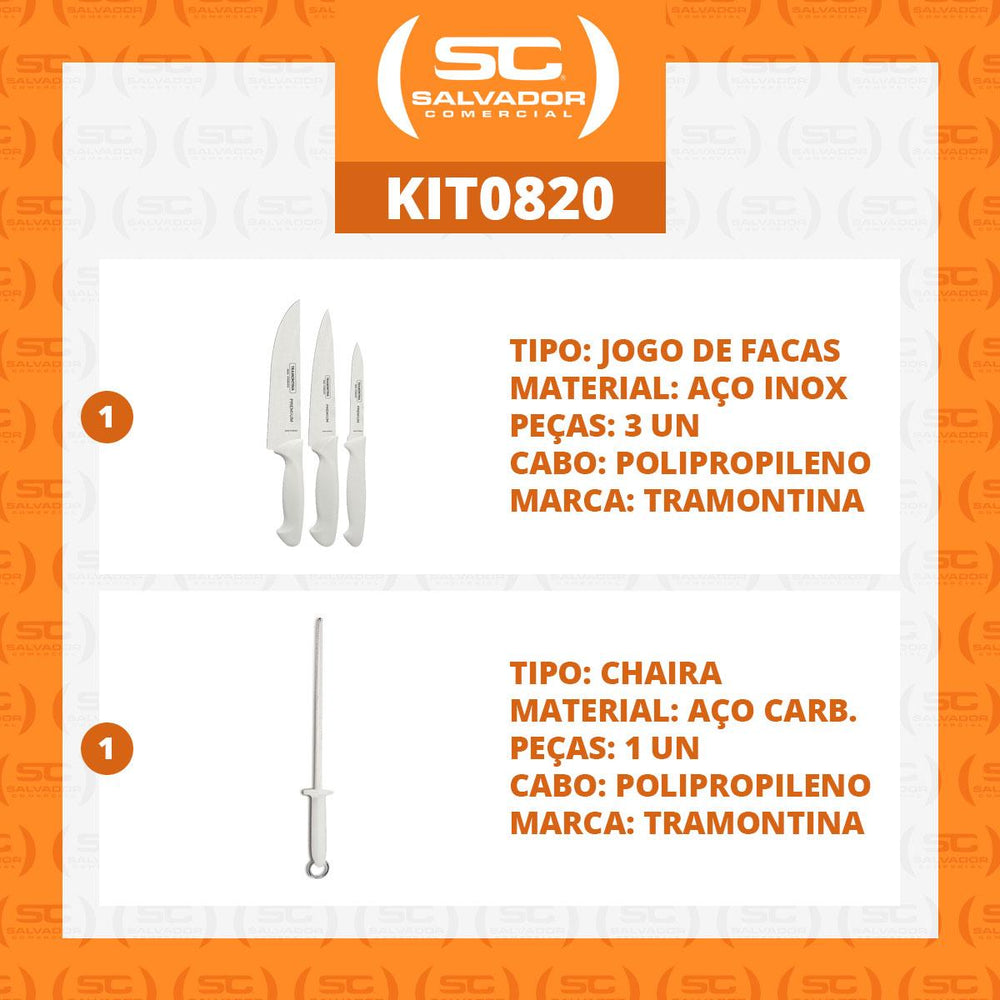 Kit Jogo de Facas Premium 3 Peças + 1 Chaira Estriada 10 Pol Profissional - Tramontina