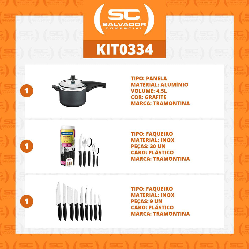 Kit Panela de Pressão 4,5L Grafite + 1 Faqueiro 30pç + 1 Conjunto Facas 9pç - Tramontina