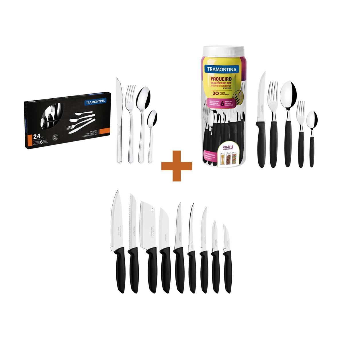 Kit - 1 Faqueiro Inox 30 Peças + 1 Conjunto Facas 9pç + 1 Faqueiro Inox 24pç - Tramontina