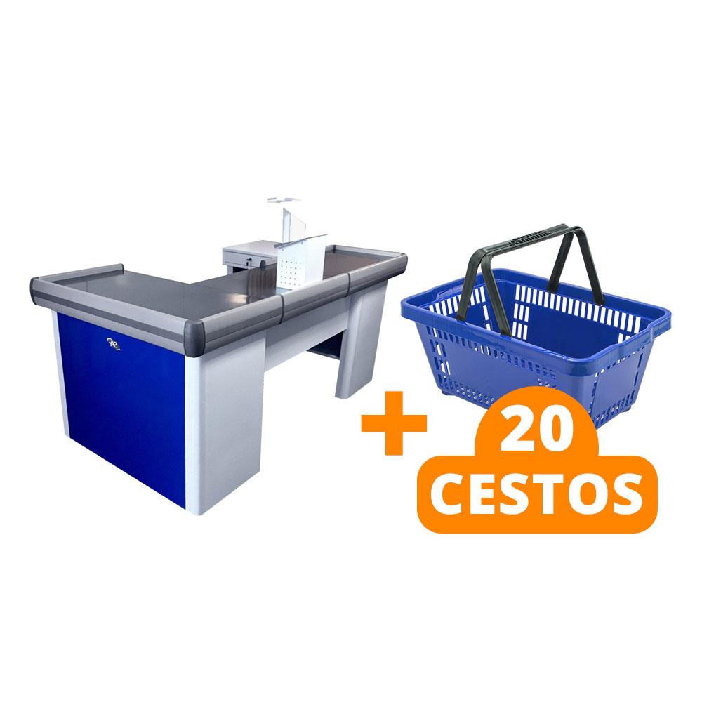 Kit Caixa De Supermercado Empacotador Check-Out 2,00m Recorte + 20 Cestos De Compras Azul