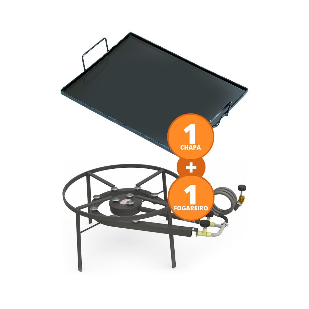 Kit Camping 7 - Fogareiro Fogão F2B10 Redondo 40cm Duplo de Mesa + Chapa Bifeteira 50cm - Progás
