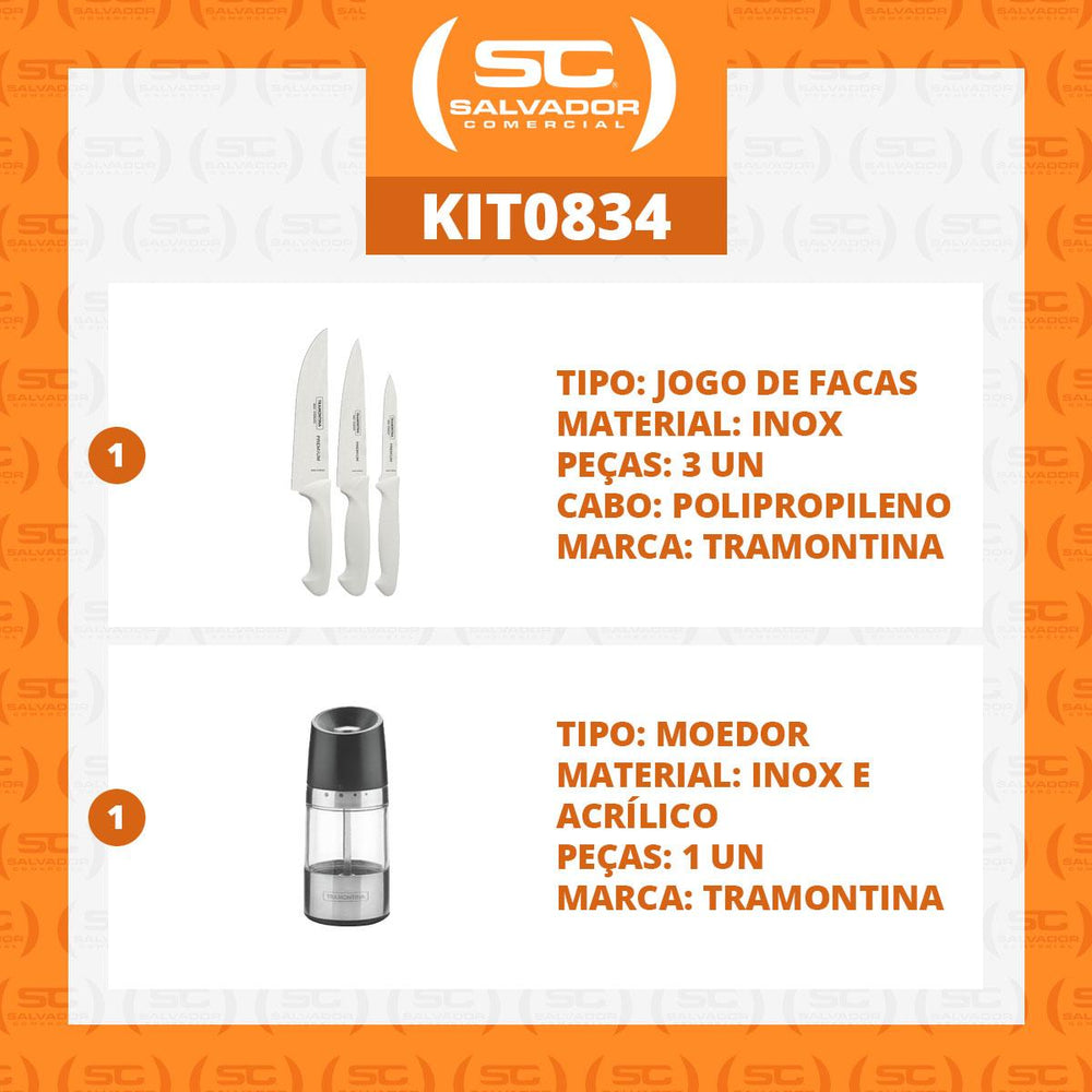 Kit Faqueiro Premium 3 Peças + 1 Moedor de Sal Ou Pimenta Realce Em Acrílico e Inox - Tramontina