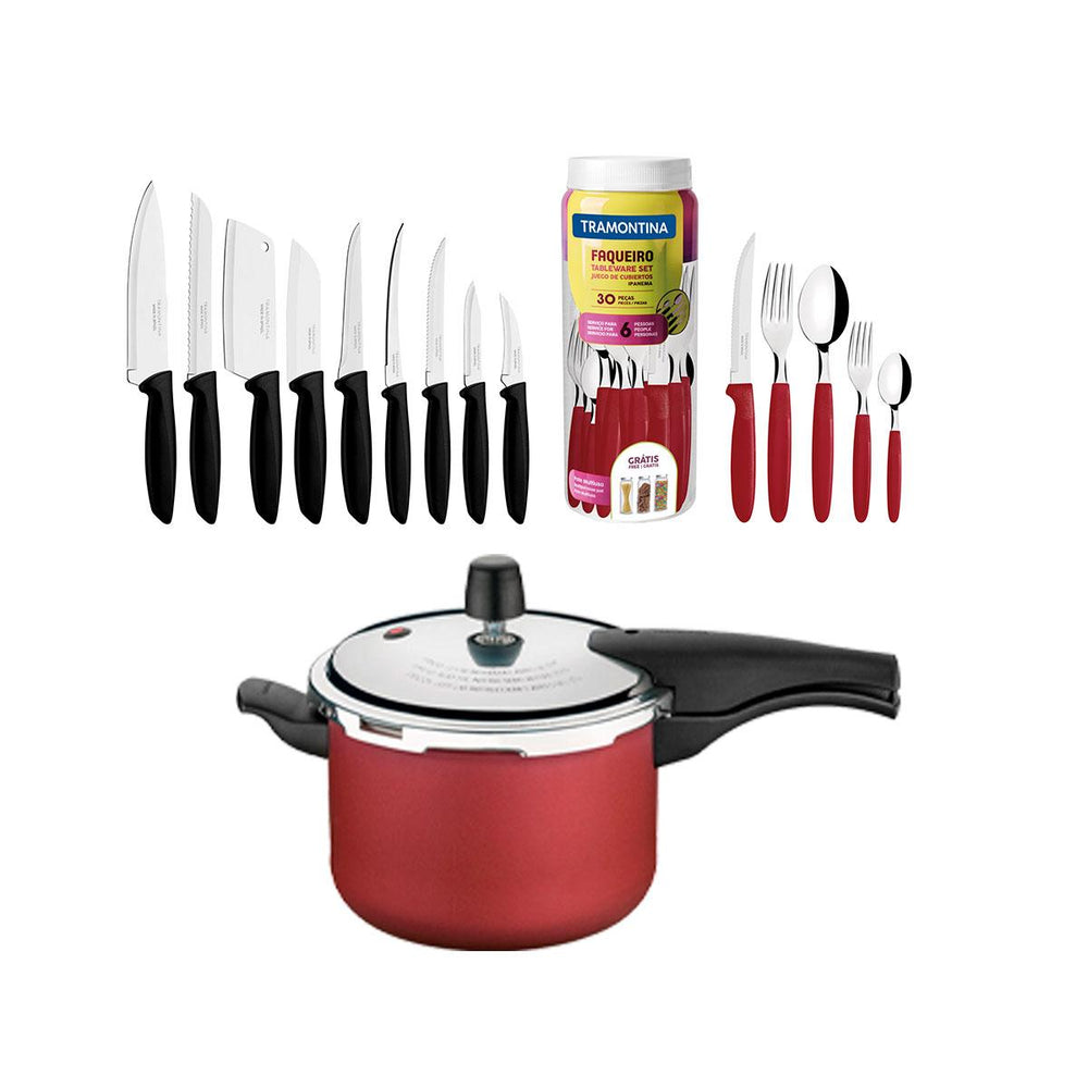 Kit Panela de Pressão 4,5 Vermelha + 1 Faqueiro Vermelho 30pç + 1 Conjunto Facas 9pç - Tramontina