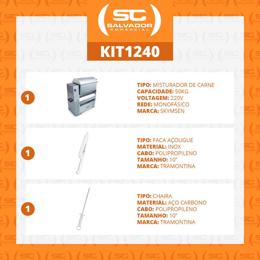 Misturador de Carne Açougue Profissional Com Tampa 50kg MMS-50I N 220V Skymsen + Faca + Chaira