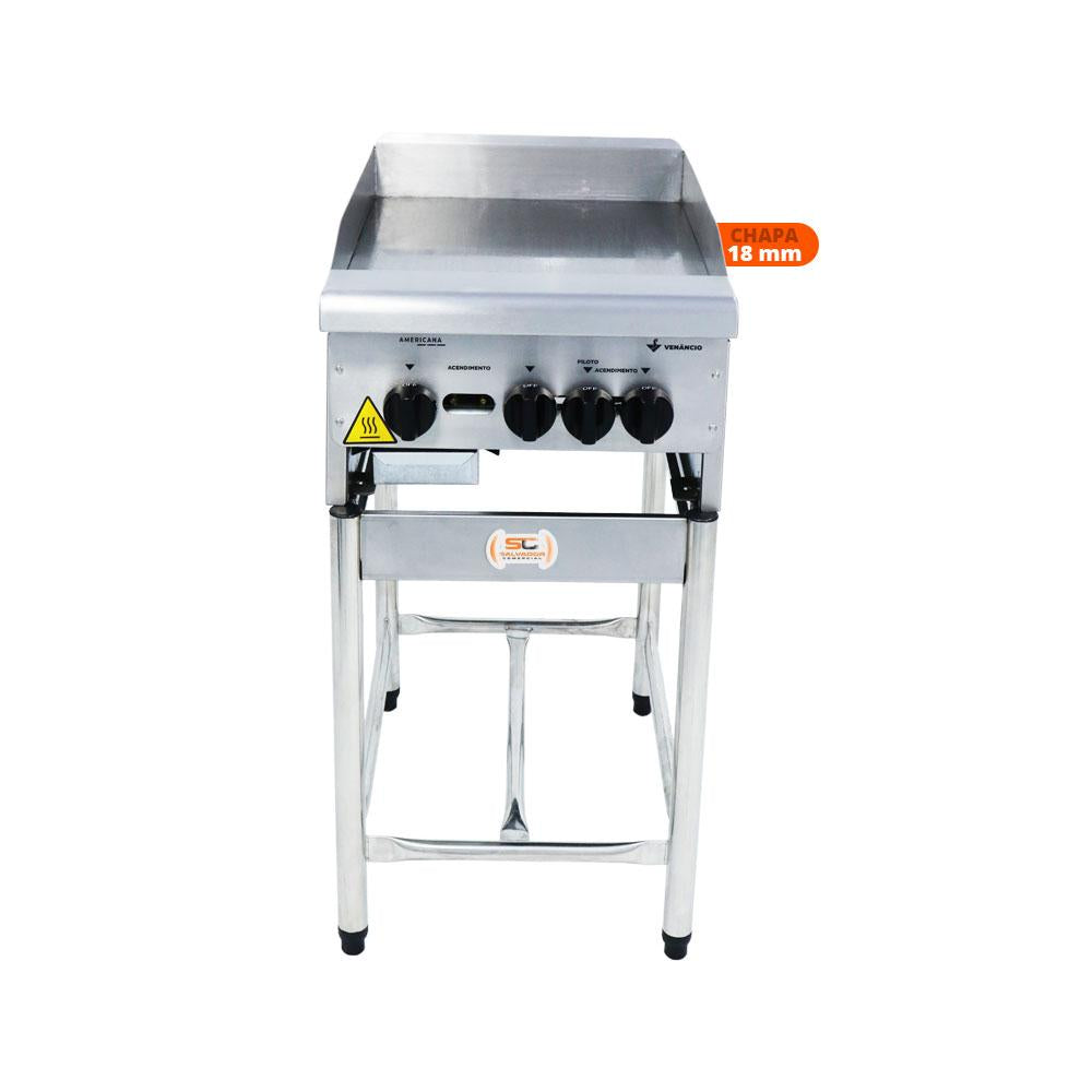 Chapa Americana Profissional 45cm a Gás 18mm Lisa Inox Com Pé Cgp45 - Venâncio