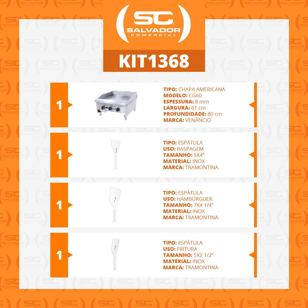 Chapa Americana Profissional 60cm a Gás 8mm Lisa Inox Cg60 e Conjunto de Espátulas - Venâncio