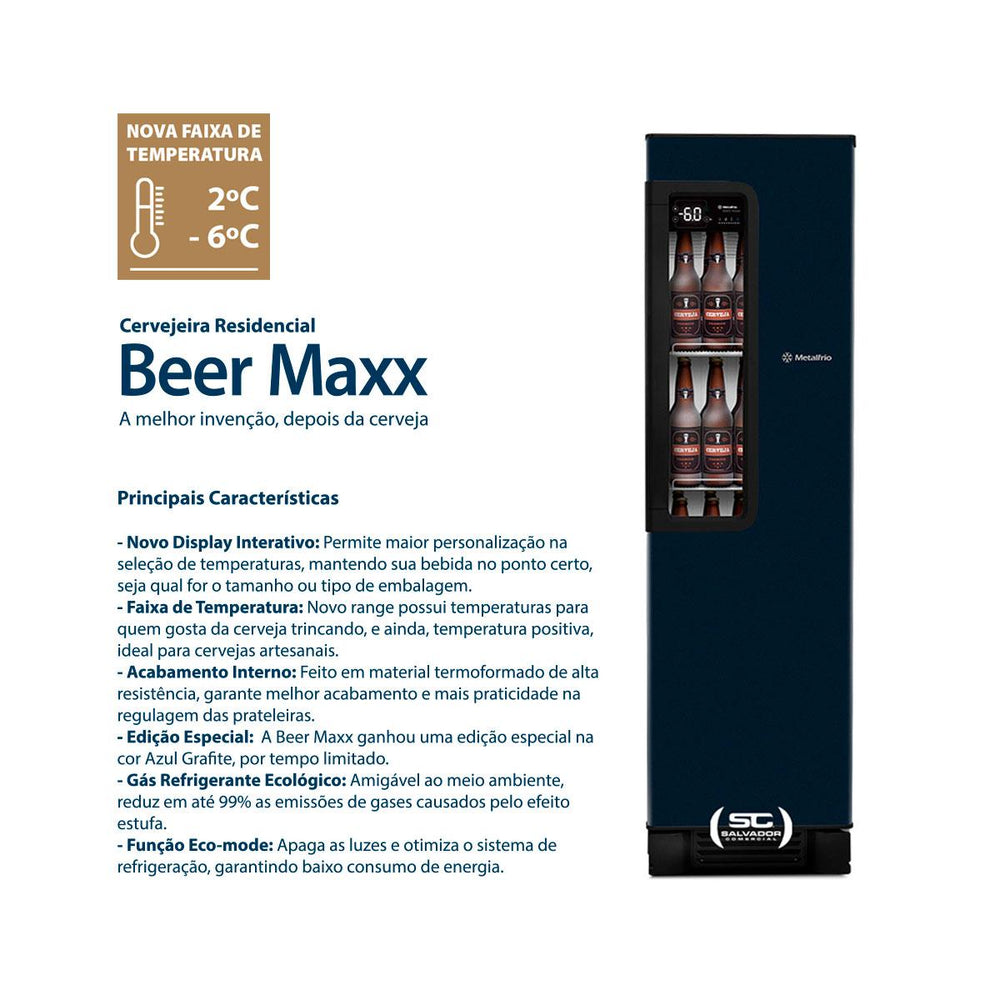 Cervejeira Beer Maxx Preta 300/336L Porta Com Visor Inox +2°C e -6°C VN28TP 220V - Metalfrio