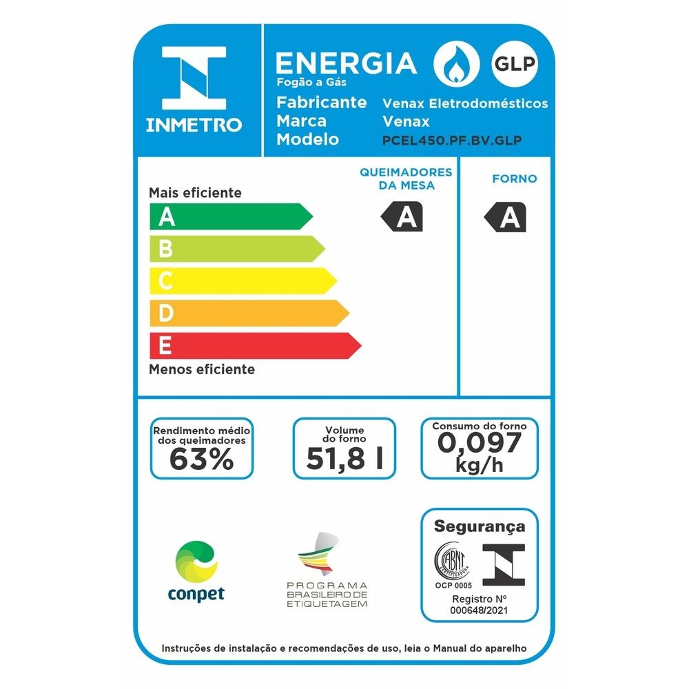 Fogão de Embutir 4 Bocas Picasso Line Preto Fosco Gás Glp Com Forno PCEL450 - Venax 30258