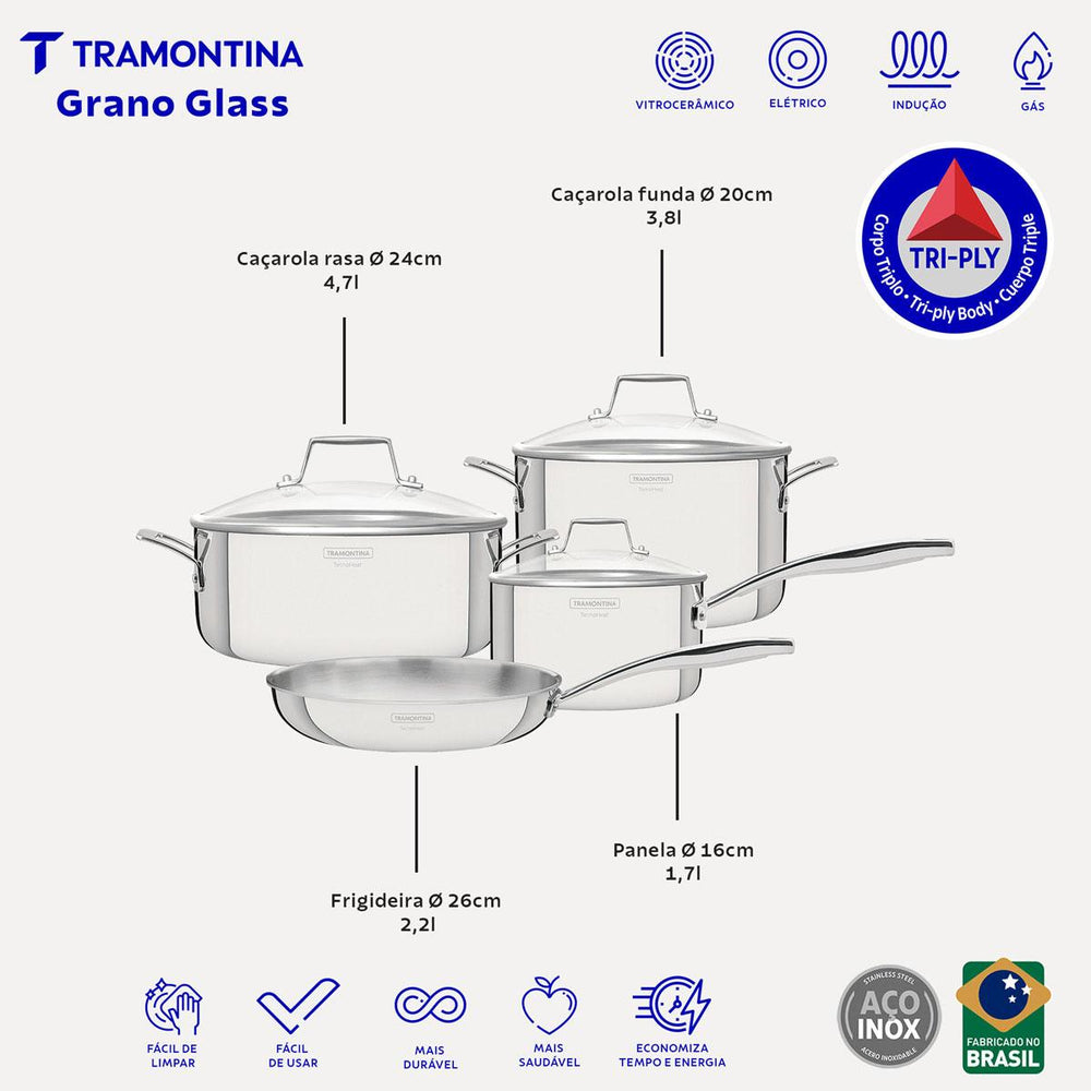 Jogo de Panelas Grano Glass em Aço Inox Corpo Triplo Tampa de Vidro 4 Peças - Tramontina 65140004