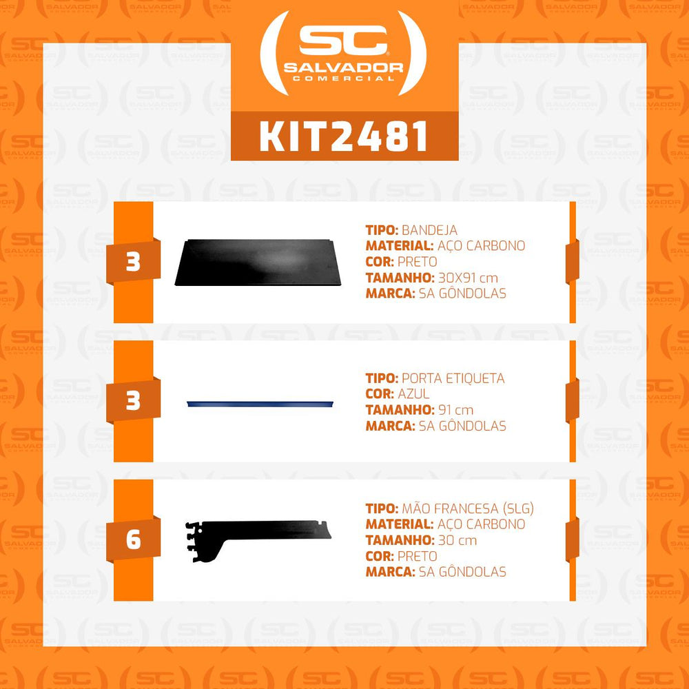Kit 3 Bandejas Prateleiras 30x91 Gôndolas New Plus Preto Porta Etiqueta Azul - SA Gôndolas